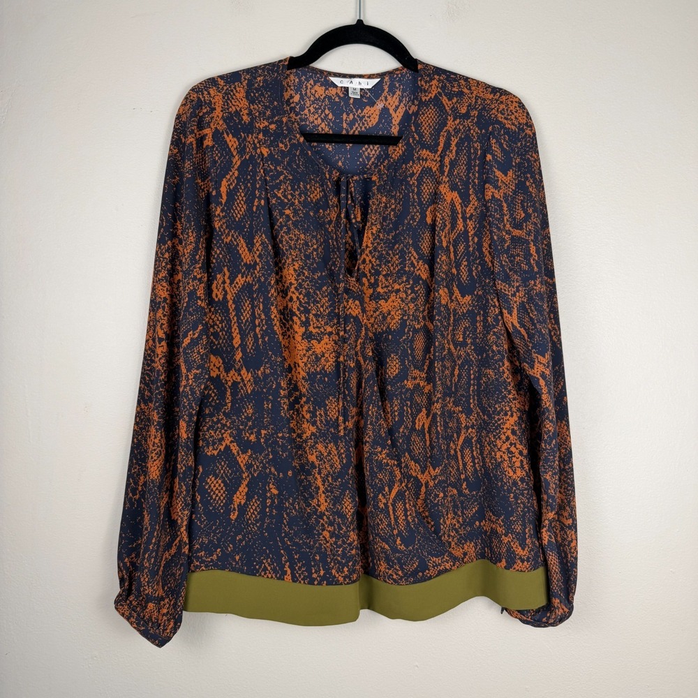 Cabi Wrap Blouse Women's Medium Blue Orange Snake Print Tie Neck Long Sleeve